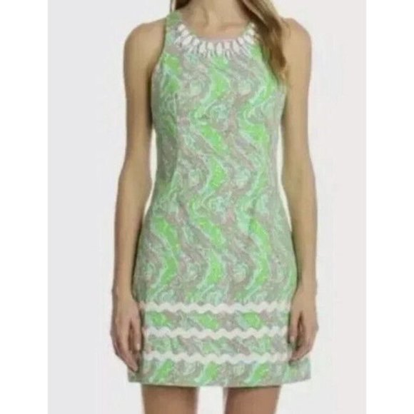 Lilly Pulitzer Size 00 Mini Dress Shorly Blue Green Chomp Alligator Shift Beaded - Picture 4 of 6